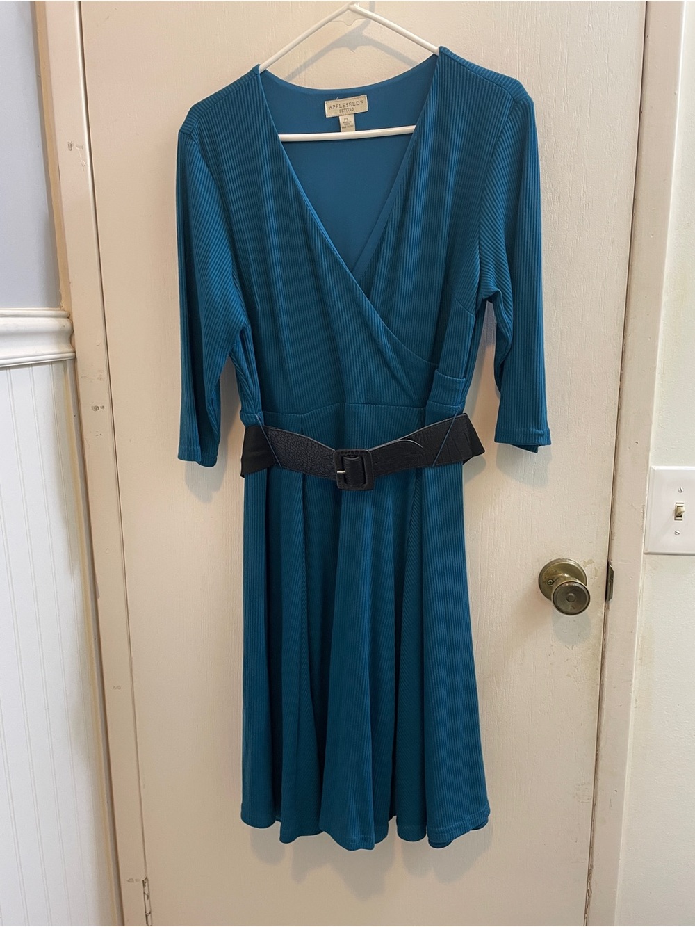 Appleseed's Teal Ribbed Faux-Wrap Midi Dress with Belt